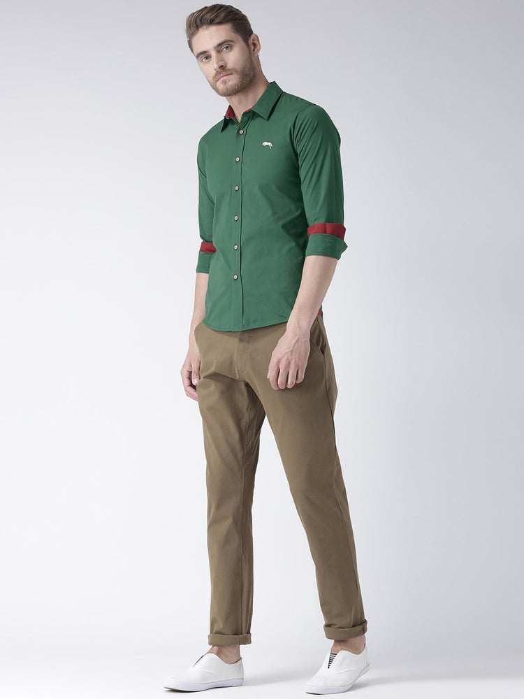 Men Green Solid Cotton Regular Fit Shirt - JUMP USA