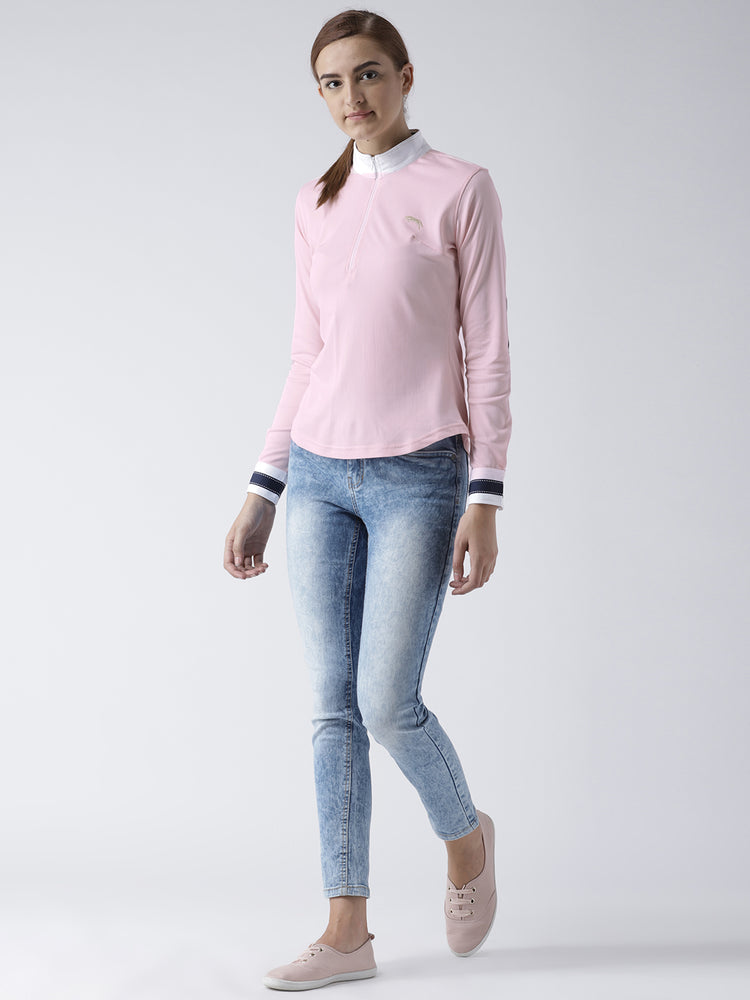 Women Solid Pink Polo T-Shirt - JUMP USA