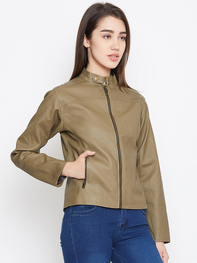 JUMP USA Women Khaki Solid Biker Jacket - JUMP USA