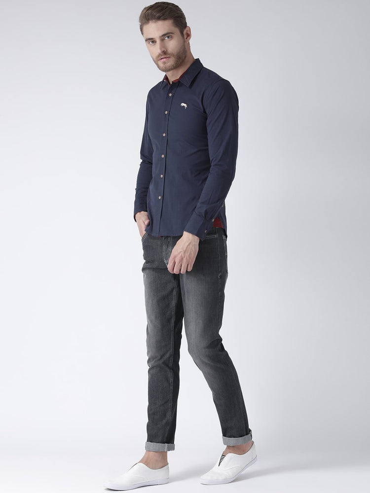 Men Navy Blue Solid Cotton Regular Fit Shirt - JUMP USA