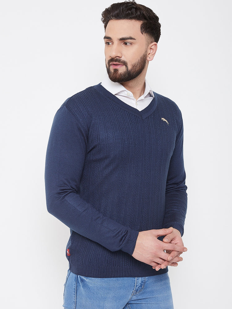 JUMP USA Men Navy Blue Self Design Sweater - JUMP USA