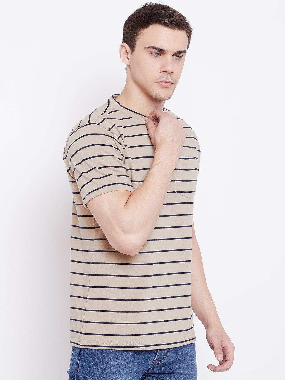 JUMP USA Men Beige Striped Round Neck T-shirt - JUMP USA