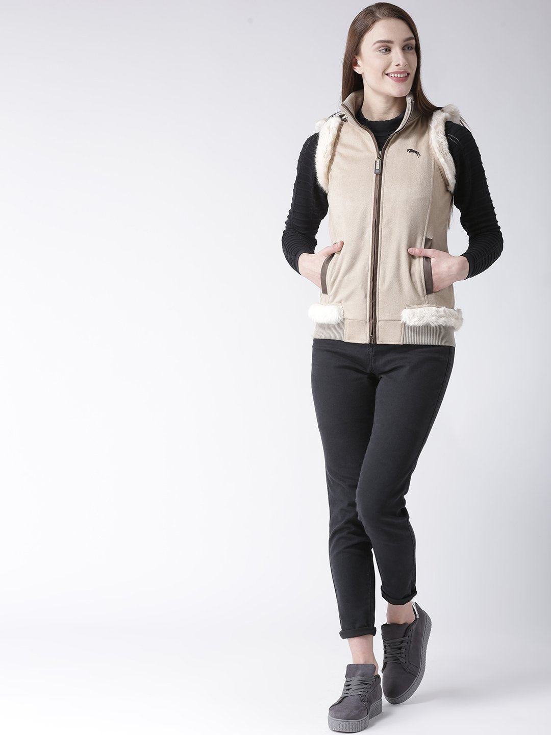 Women Polyster Casual Sleeveless Beige Winter Jacket - JUMP USA (1568776421418)