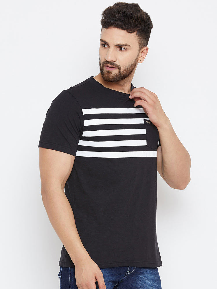 Men Black Striped Round Neck T-shirt - JUMP USA