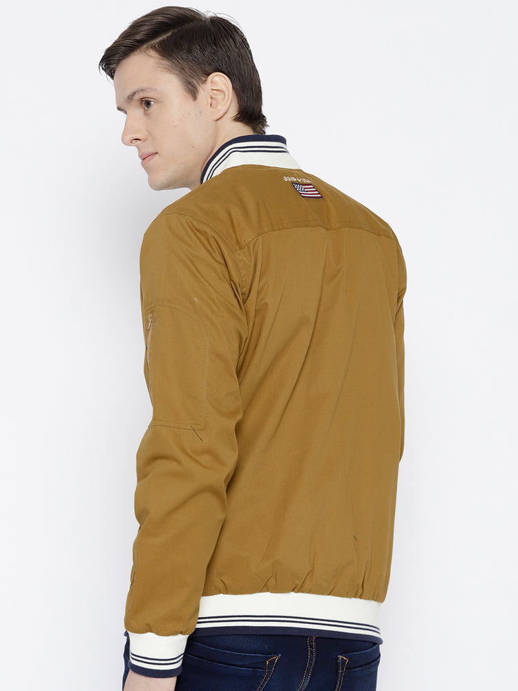 Men Khaki Solid Bomber Jacket - JUMP USA