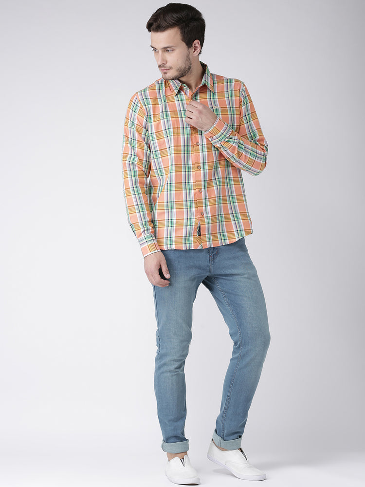 Men Casual Checked Orange Shirts - JUMP USA