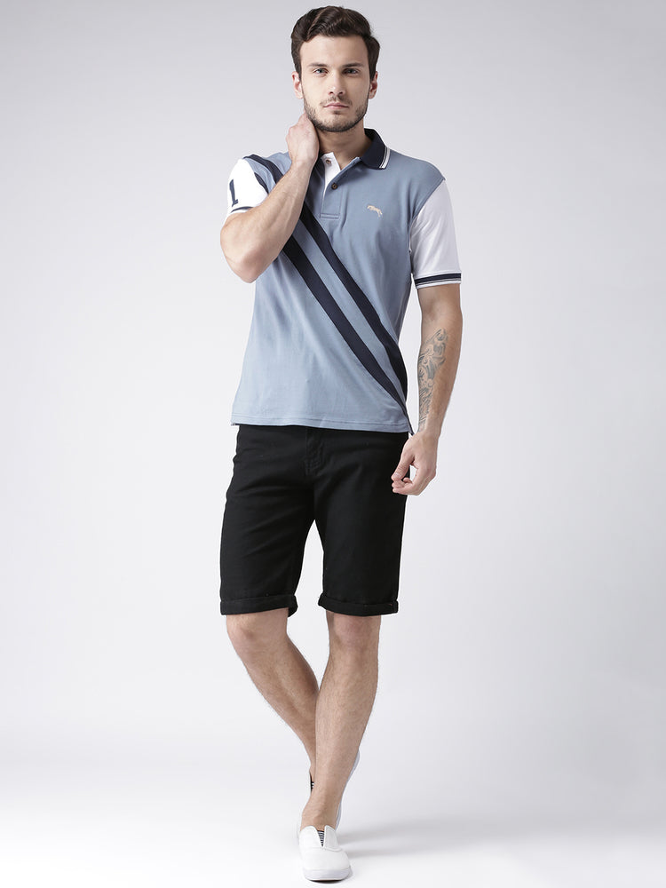 Men Casual Solid Blue Polo Collar T-Shirt - JUMP USA