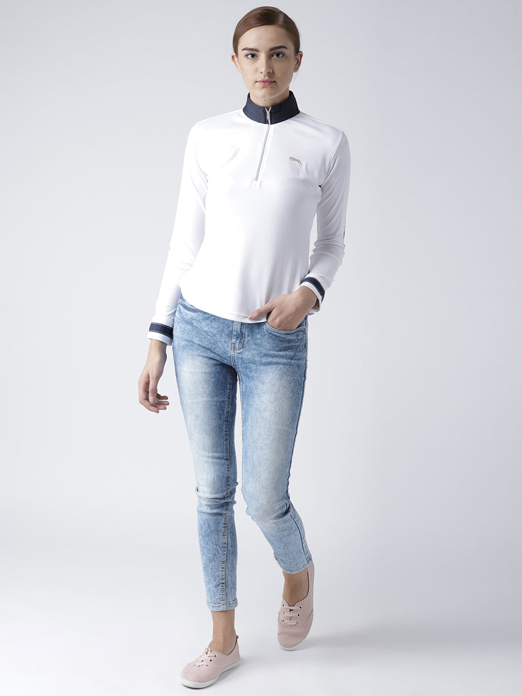 Women Solid White Polo T-Shirt - JUMP USA