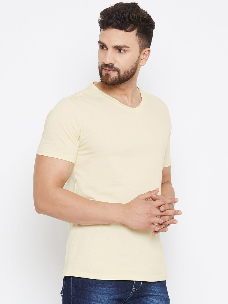 Men Beige Solid V Neck T-shirt - JUMP USA
