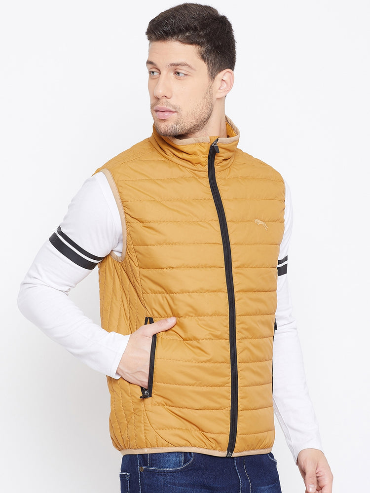 JUMP USA Men Mustard Sleevless Solid Bomber Jacket - JUMP USA