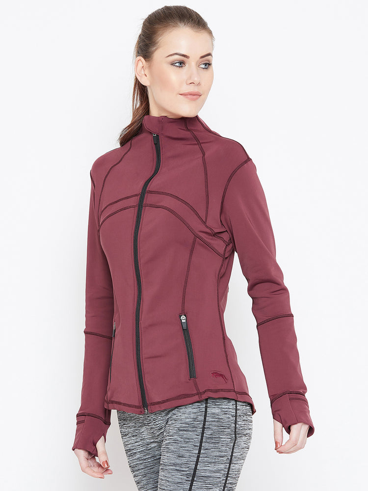 Women Maroon Solid Sporty Jacket - JUMP USA