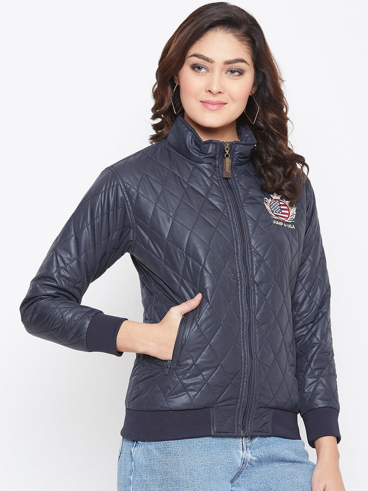JUMP USA Women Navy Blue Self Design Jacket - JUMP USA