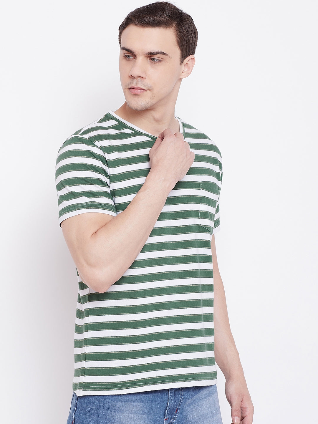 JUMP USA Men Green Striped V-neck Tshirt - JUMP USA