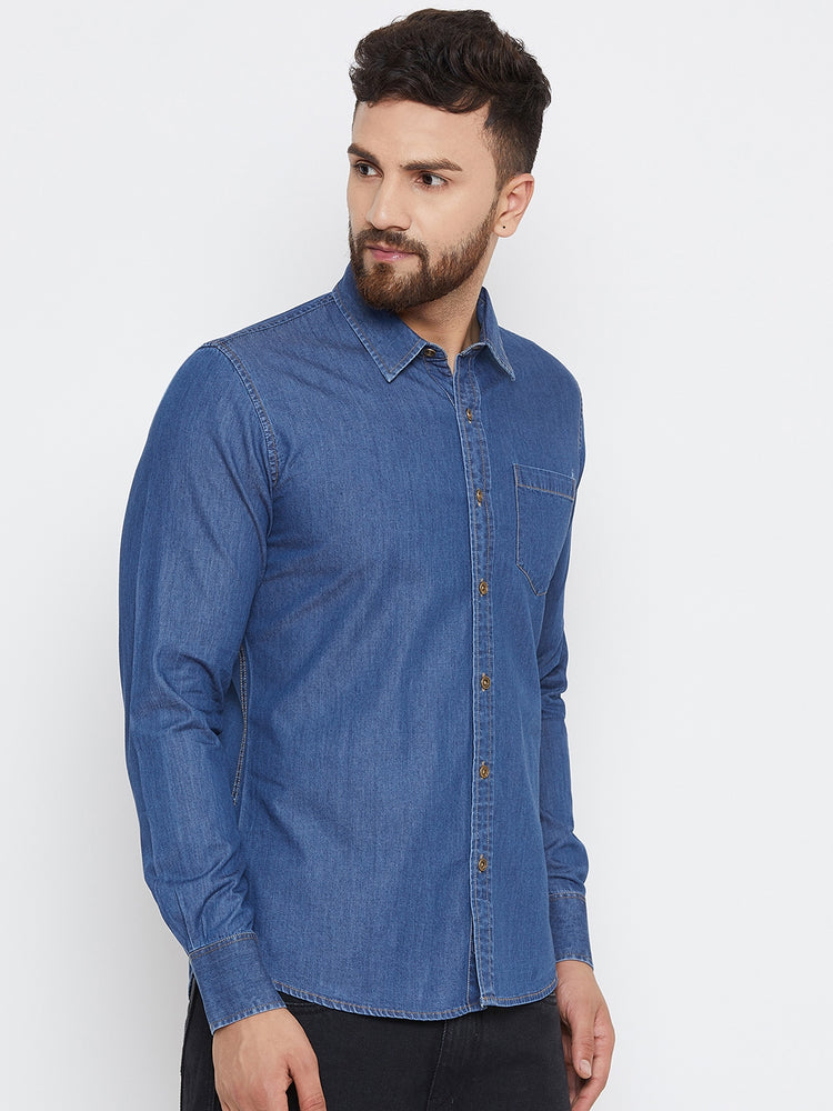 Men Dark Blue Washed Slim Fit Casual Shirt - JUMP USA