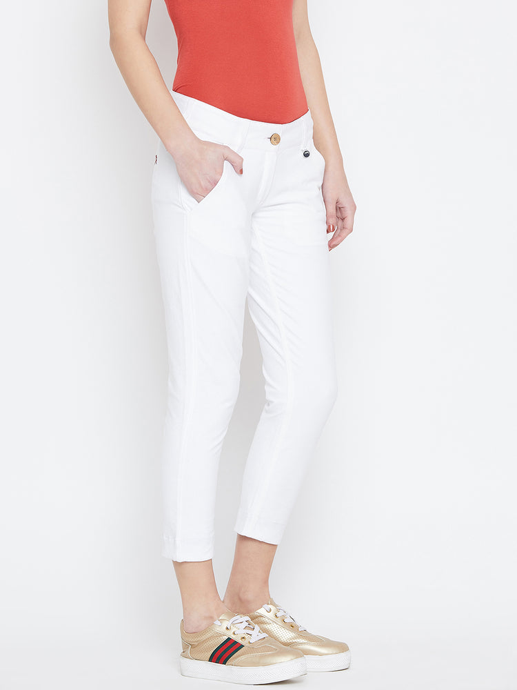 Women White Solid Skinny Fit Trouses - JUMP USA