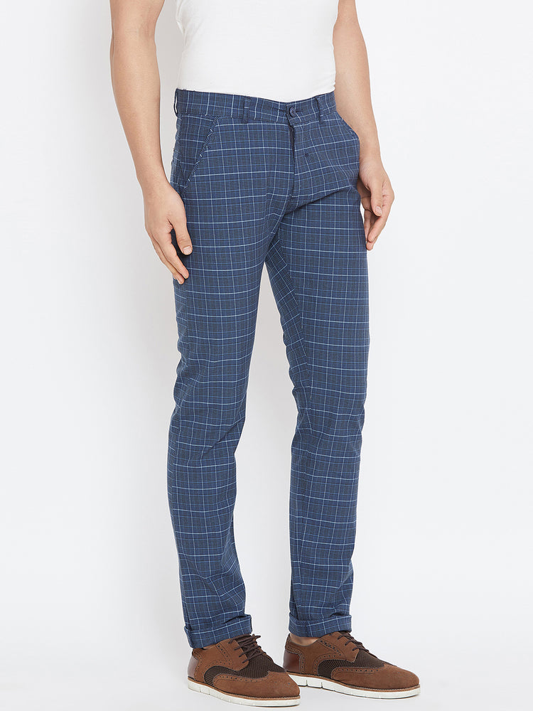 Men Blue Relaxed Fit Casual Checked Chinos - JUMP USA