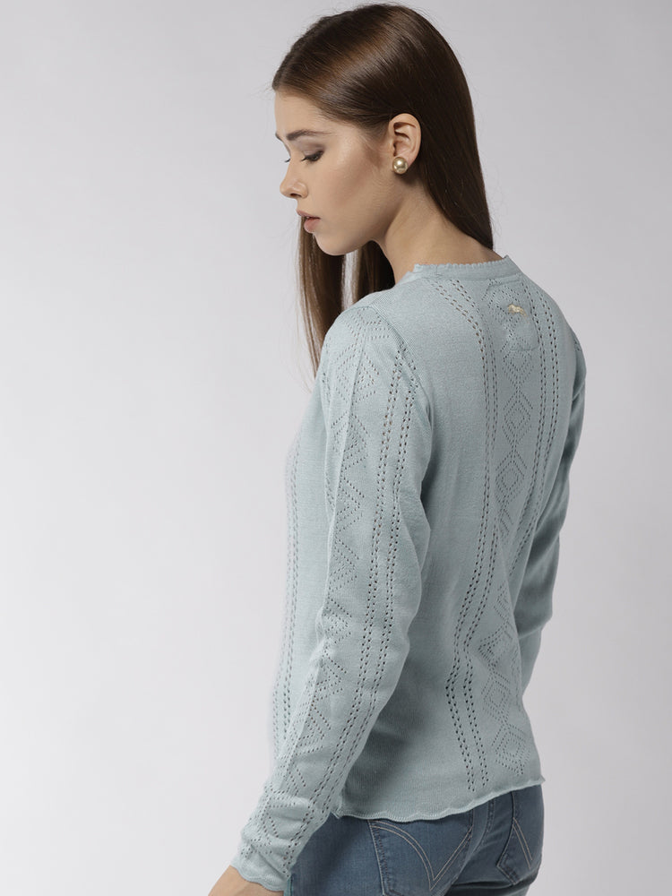 Women Solid Blue Pullover - JUMP USA