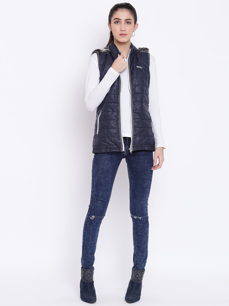 Women Navy Blue Casual Quilted Jacket - JUMP USA