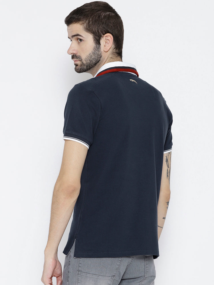 Men Navy Blue Solid Polo Collar T-shirt - JUMP USA