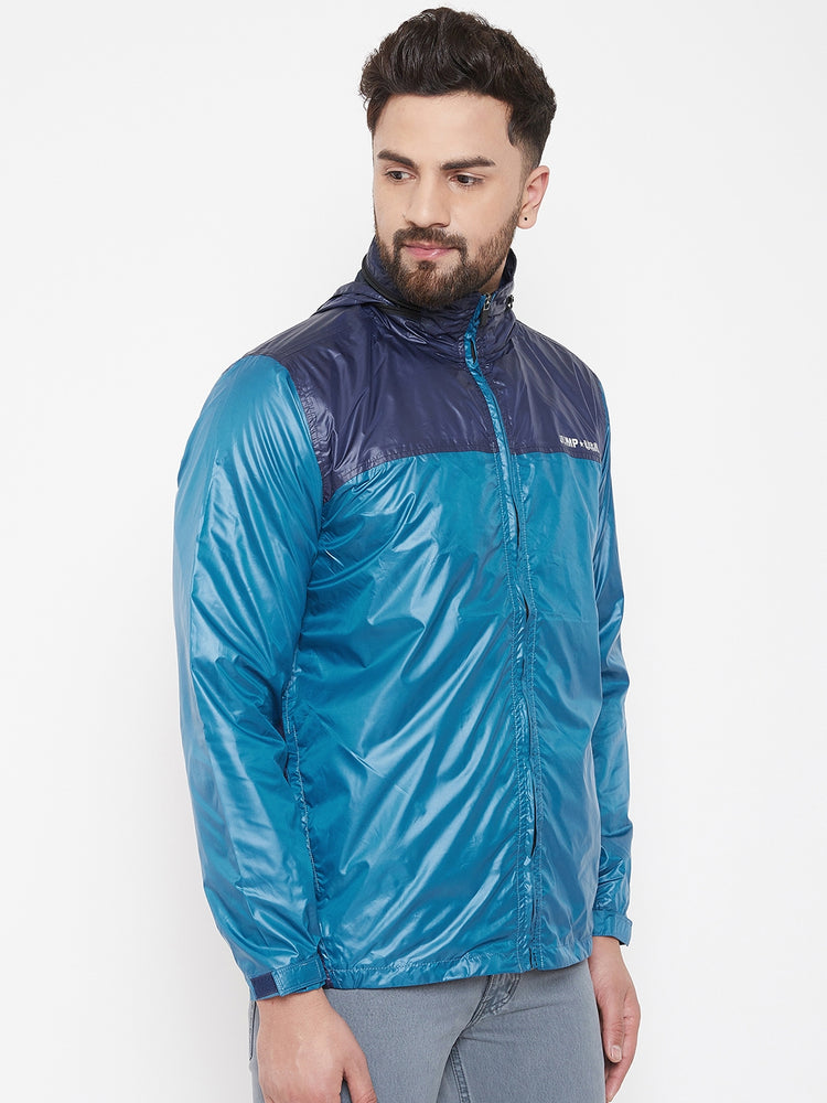 JUMP USA Men Navy Blue Colourblocked Rain Jacket - JUMP USA