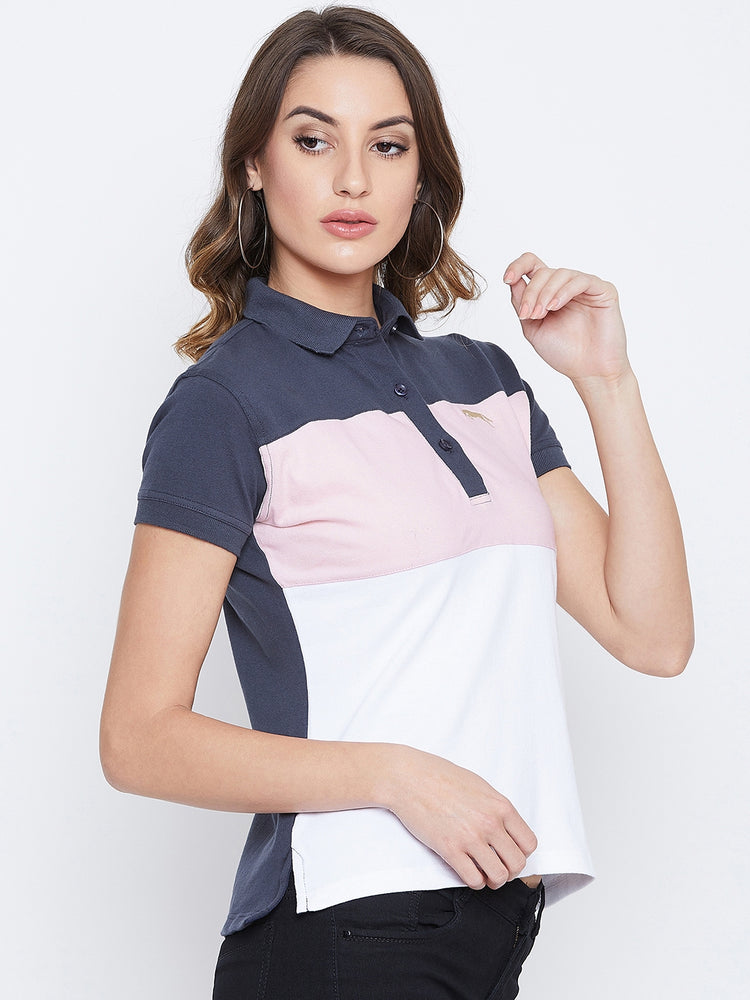 JUMP USA Women Navy Blue And Pink Colour blocked PoloT-Shirts - JUMP USA