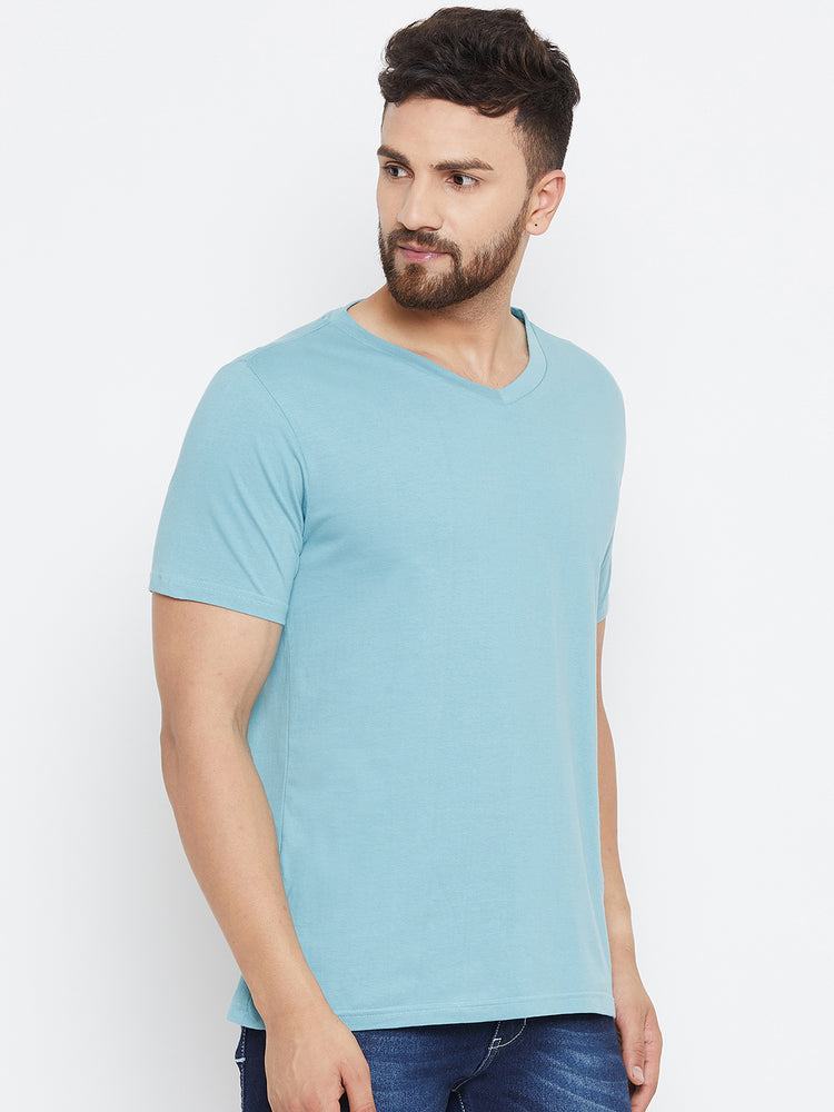 Men Blue Solid V Neck T-shirt - JUMP USA