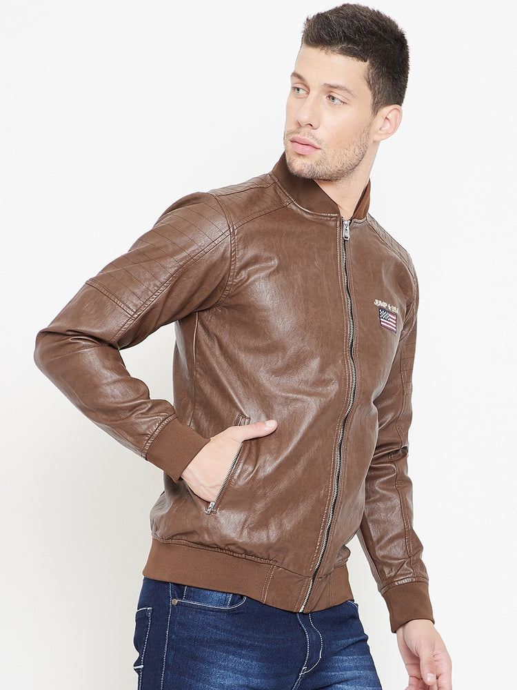 JUMP USA Tan Solid Casual PU Leather Varsity Jacket - JUMP USA