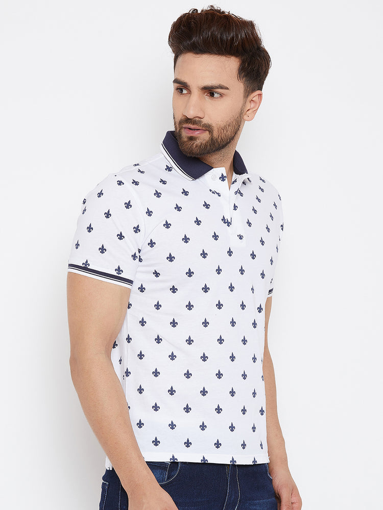 JUMP USA Men White Printed Polo Collar T-Shirt - JUMP USA