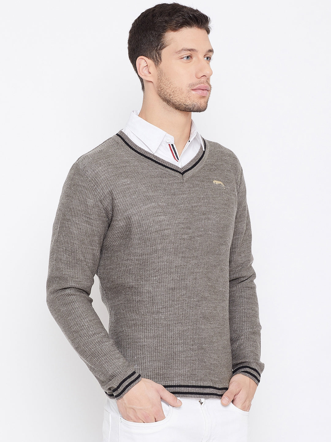 JUMP USA Men Beige Self Design Pullover - JUMP USA