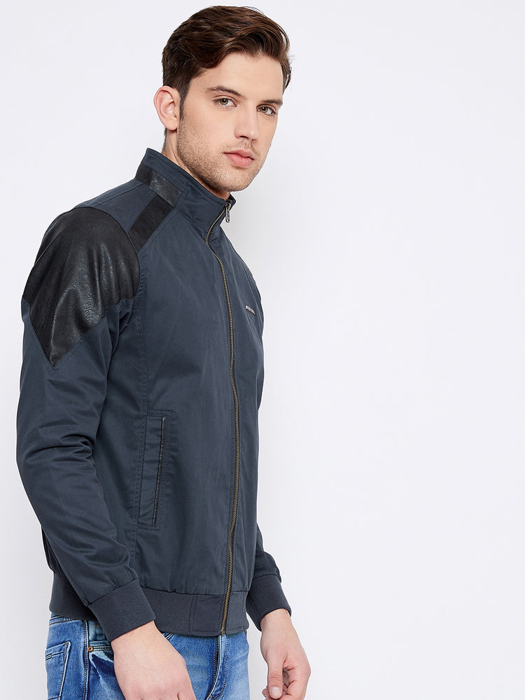 JUMP USA Men Navy Blue Solid Casual Bomber Jacket - JUMP USA