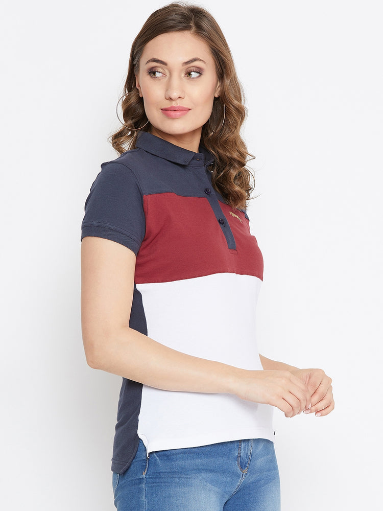 JUMP USA Women Navy Blue And Red Colour blocked PoloT-Shirts - JUMP USA
