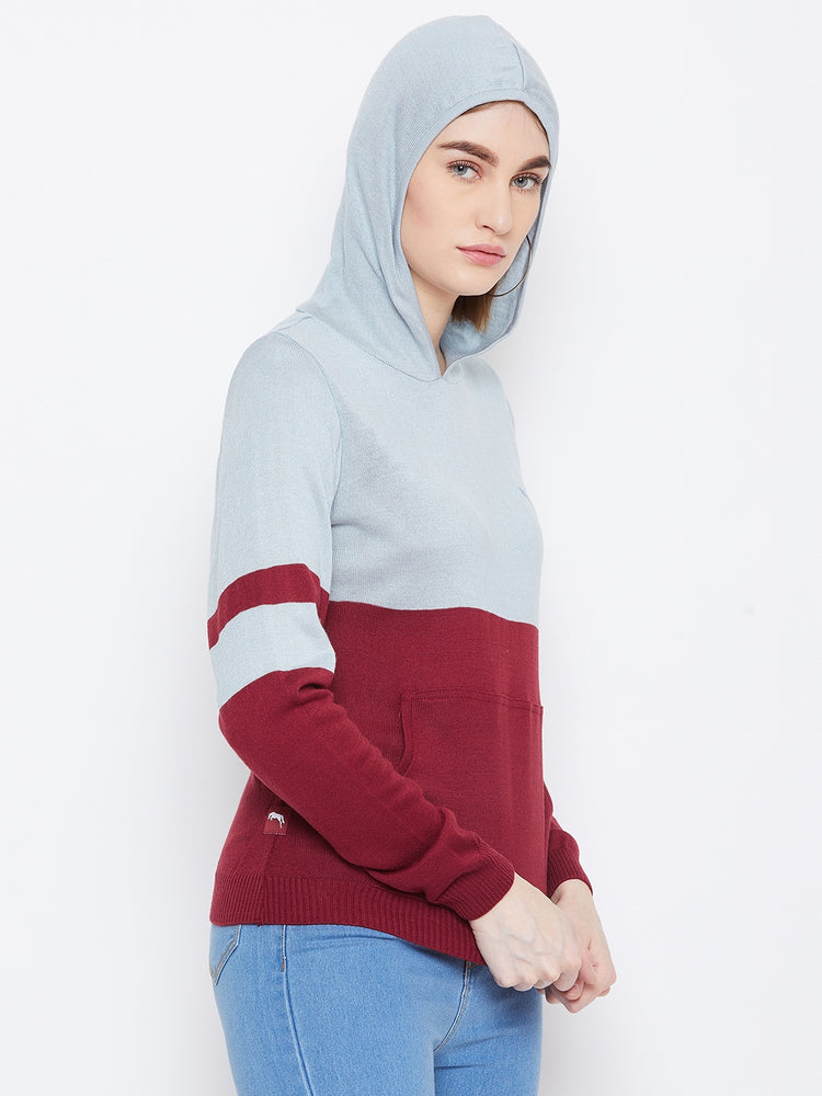 JUMP USA Women Blue & Red Colourblocked Hooded Sweater - JUMP USA