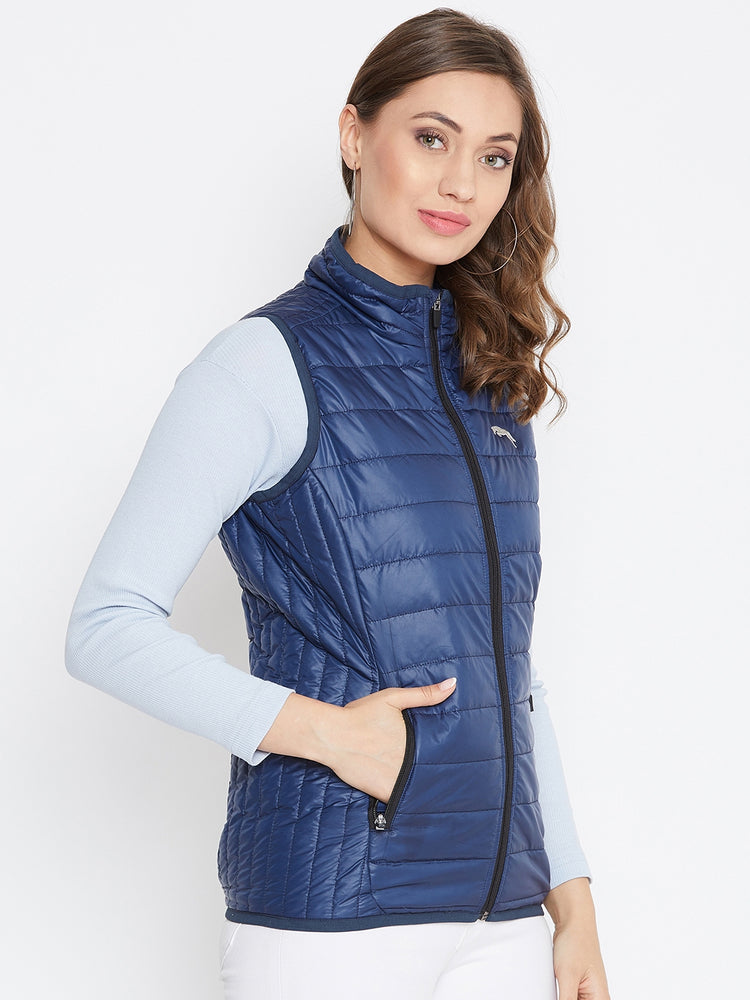 JUMP USA Women Blue Sleevless Solid Bomber Jacket - JUMP USA