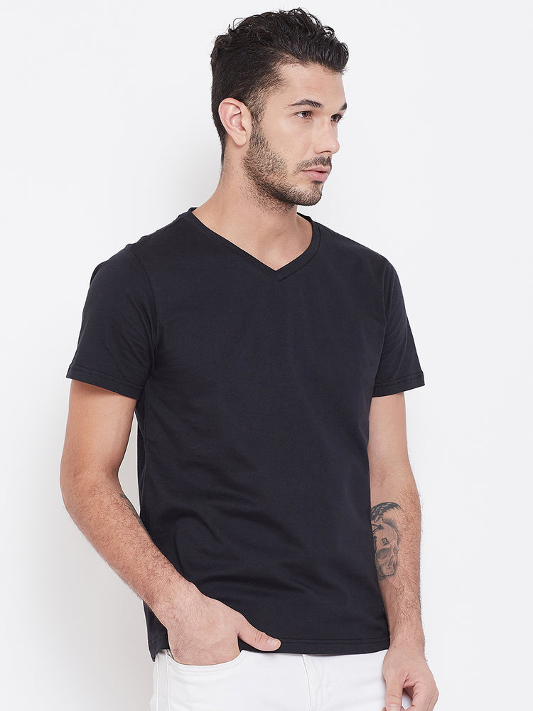 Men Black Solid V Neck T-shirt - JUMP USA