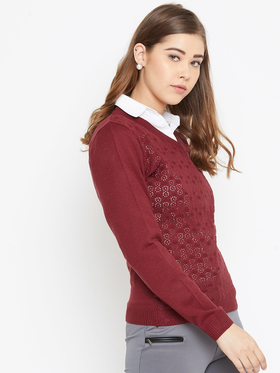 JUMP USA Women Red Self Design Sweater - JUMP USA