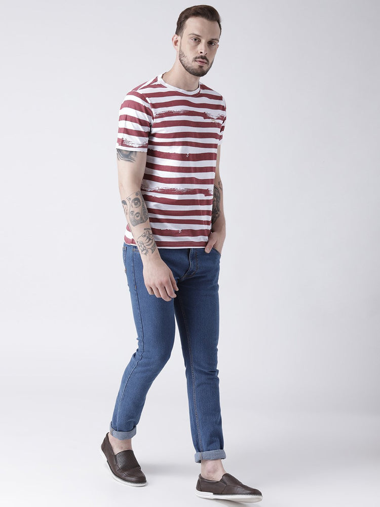 Men White Striped Round Neck T-shirt - JUMP USA