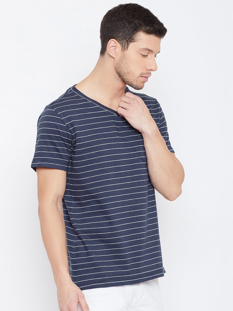 JUMP USA Men Navy Blue Striped V-neck T-shirt - JUMP USA
