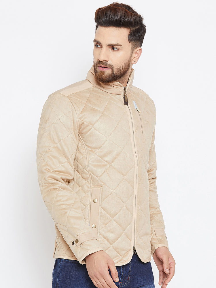 Men Beige Solid Quilted Jacket - JUMP USA
