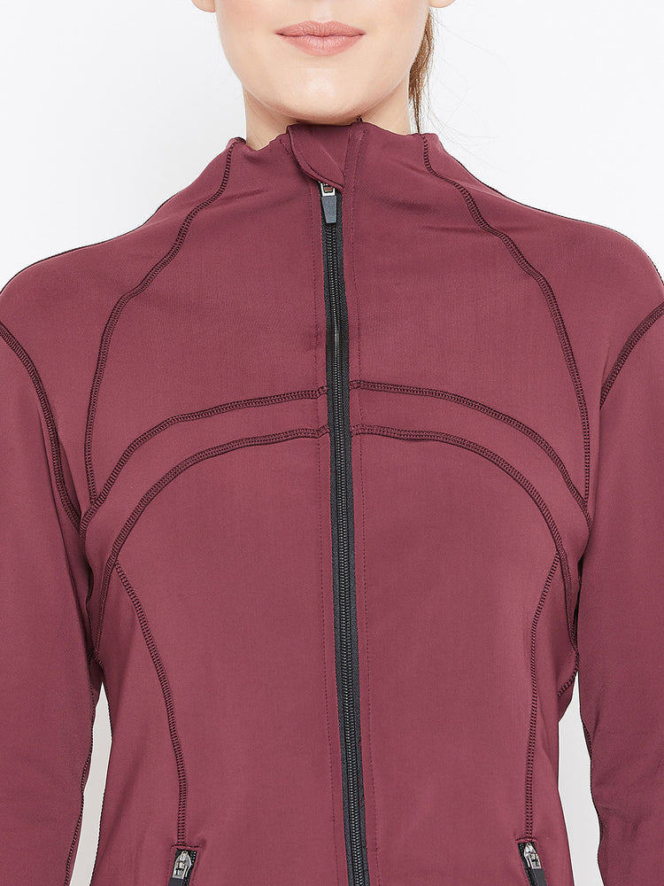 Women Maroon Solid Sporty Jacket - JUMP USA