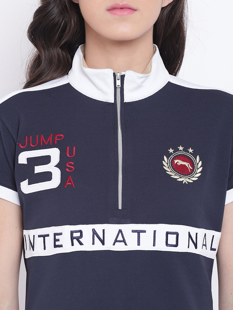 Women Navy Blue Casual Polo Collar T-Shirt - JUMP USA
