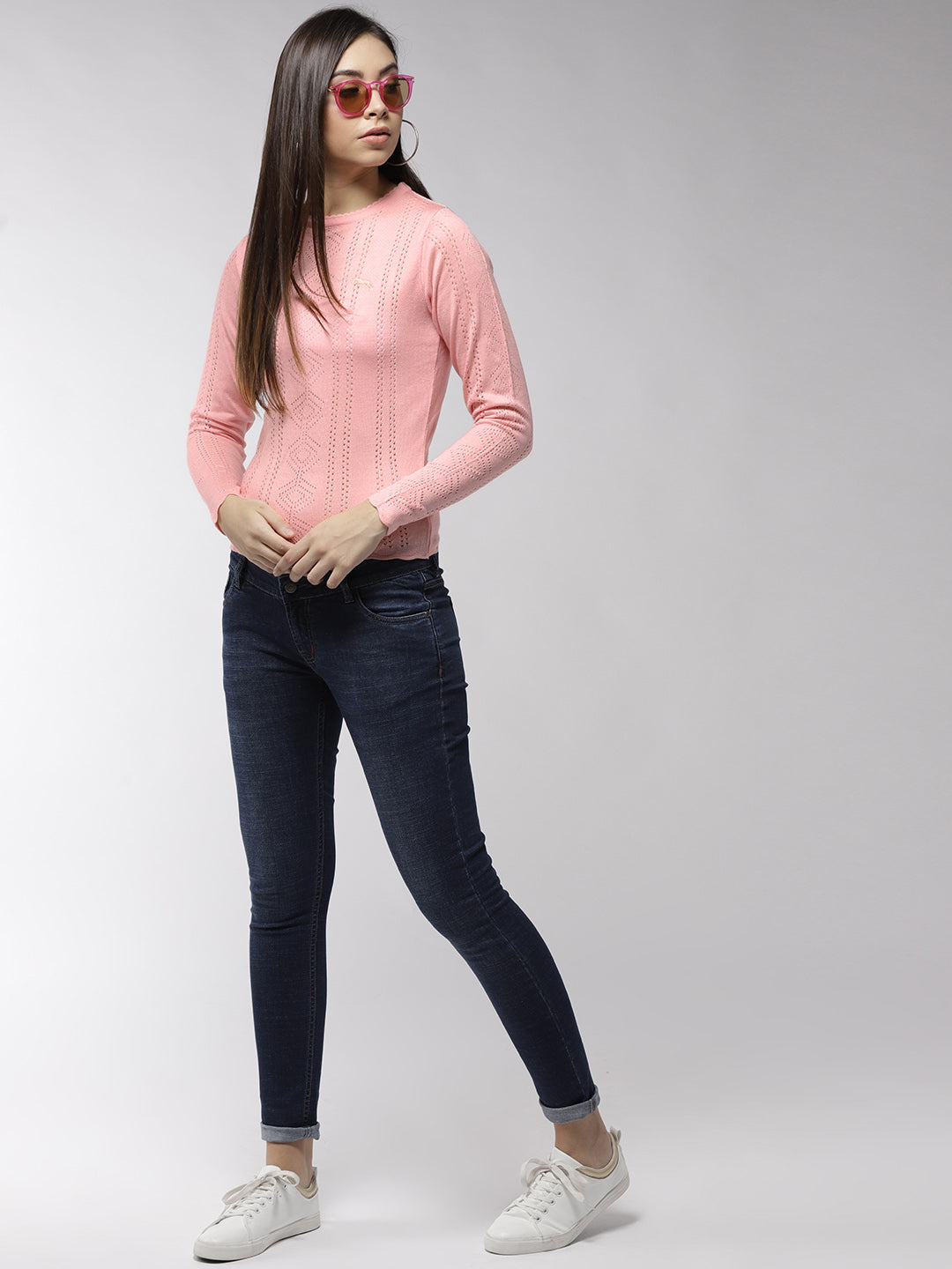 Women Solid Pink Pullover - JUMP USA