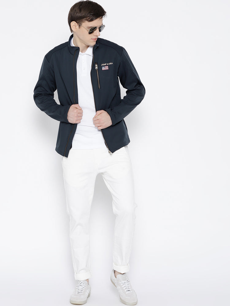 Men Navy Blue Solid Jacket - JUMP USA