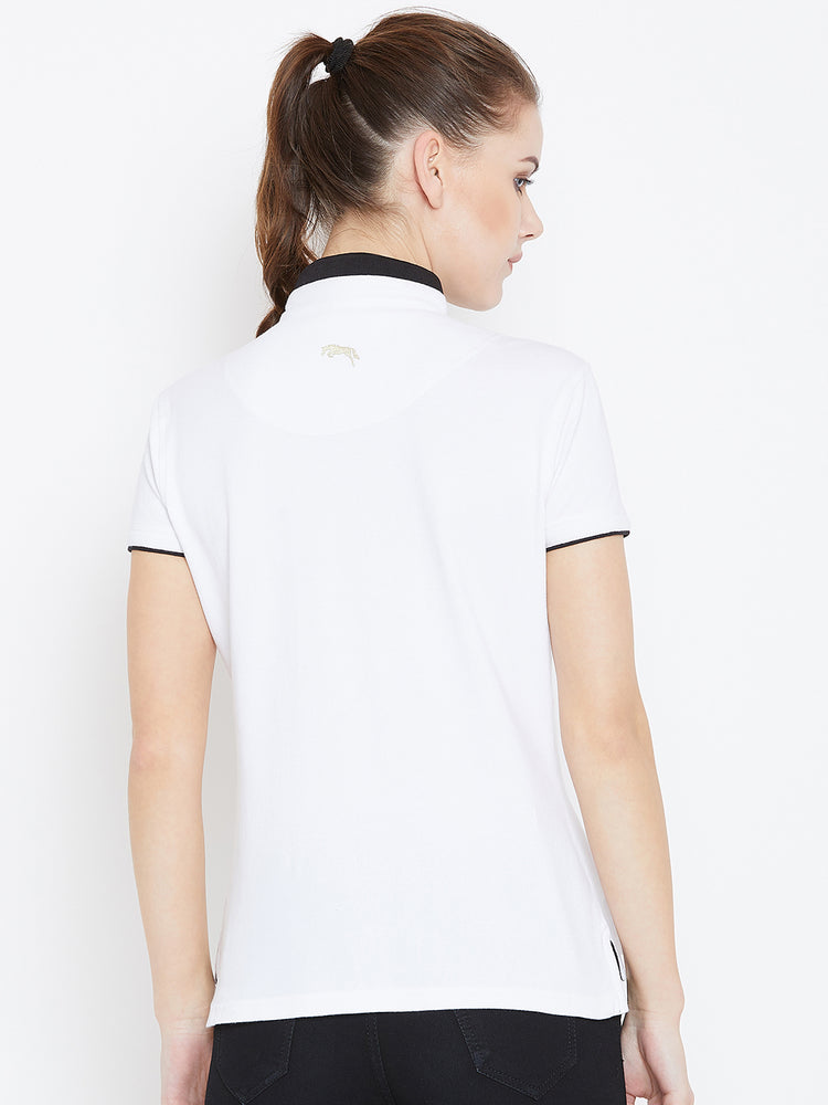 Women White Solid Casual Polo T-shirts - JUMP USA