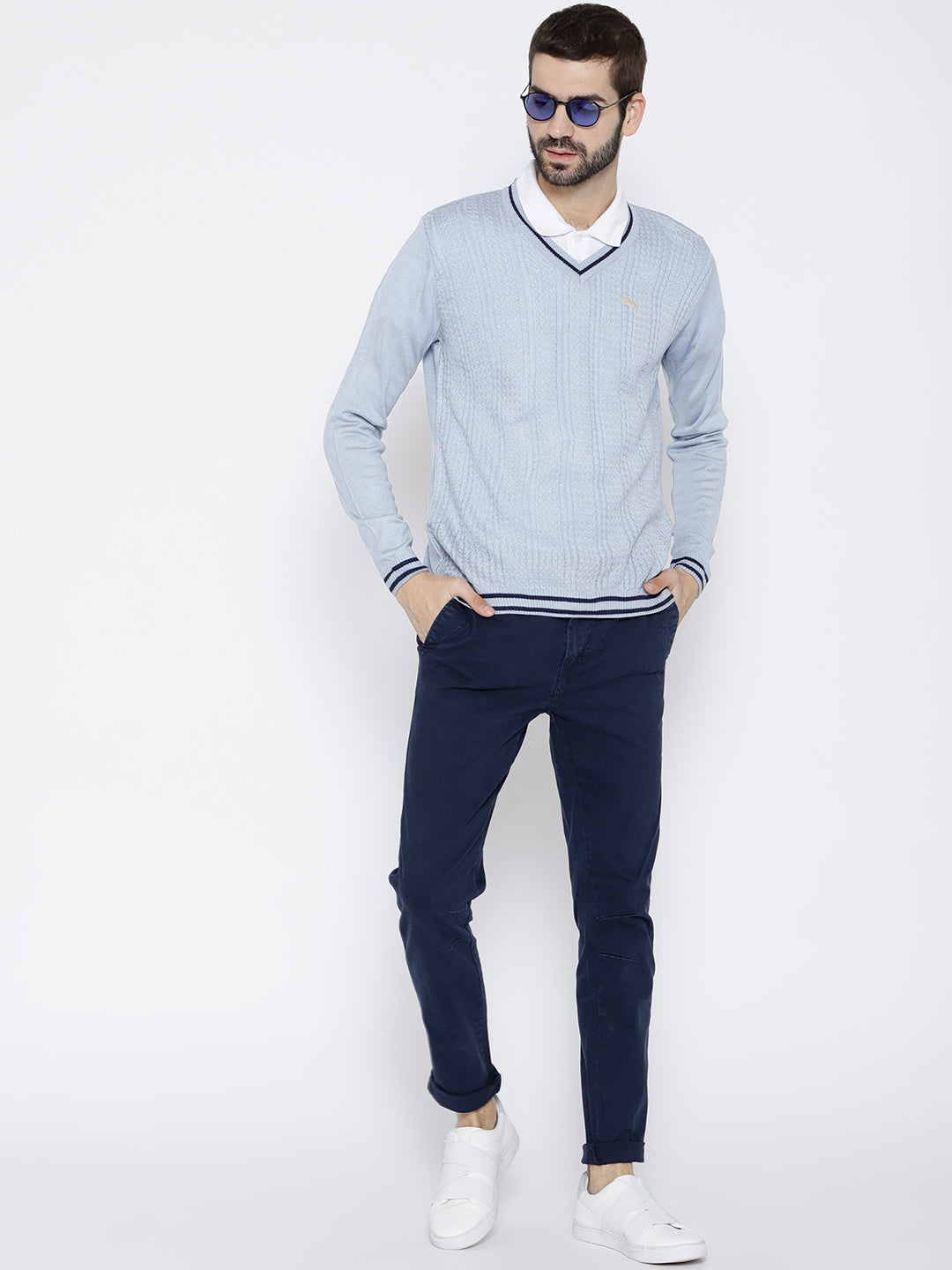 Men Blue Self Design Pullover - JUMP USA