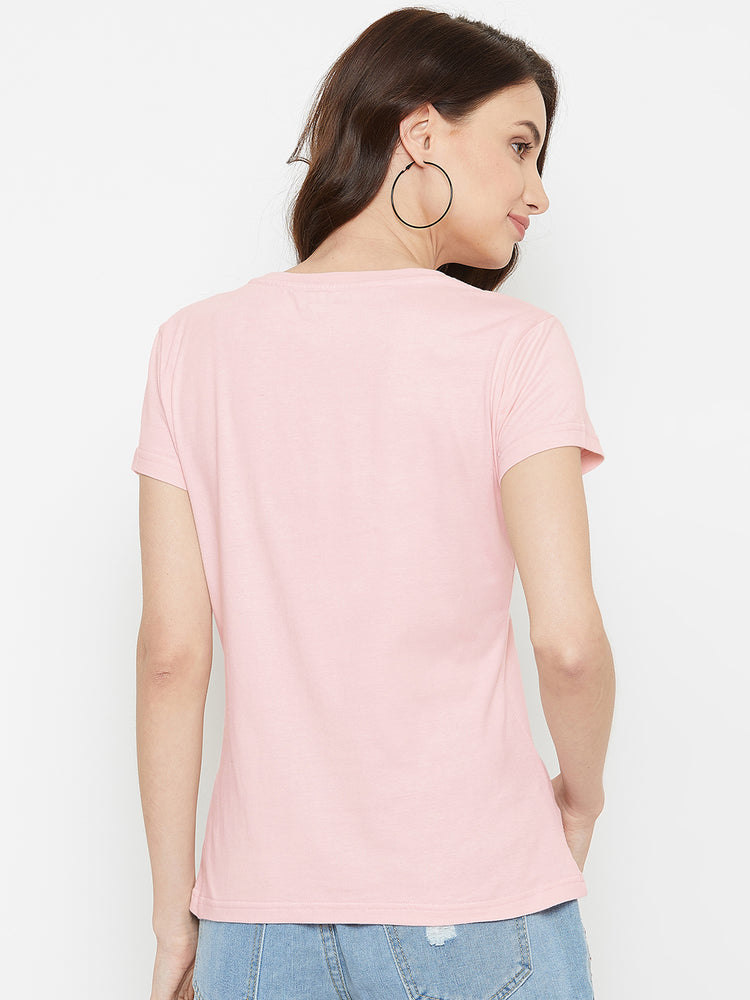 Women Pink Solid Casual Round Neck T-shirt - JUMP USA