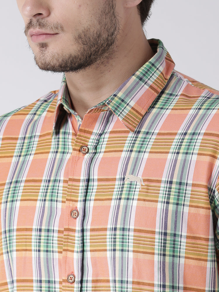Men Casual Checked Orange Shirts - JUMP USA