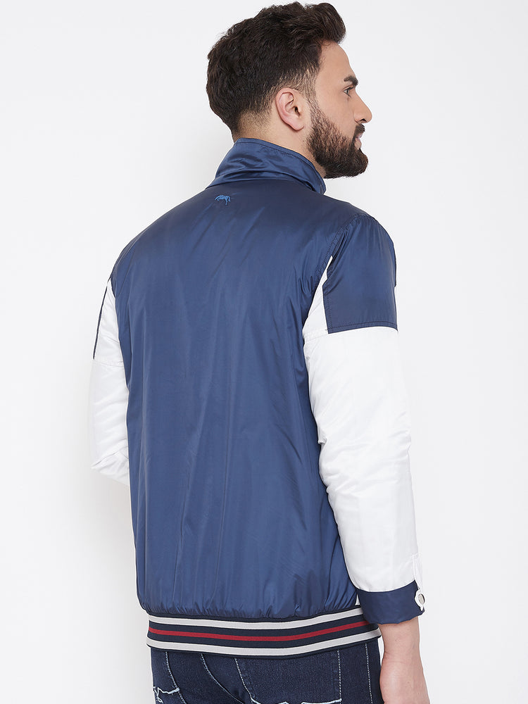 JUMP USA Men Navy Blue & White Colourblocked Casual Open Front Jacket - JUMP USA
