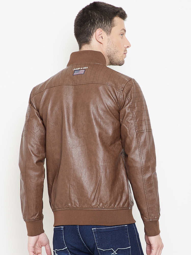 JUMP USA Tan Solid Casual PU Leather Varsity Jacket - JUMP USA