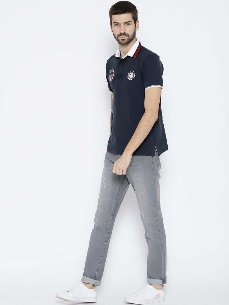 Men Navy Blue Solid Polo Collar T-shirt - JUMP USA
