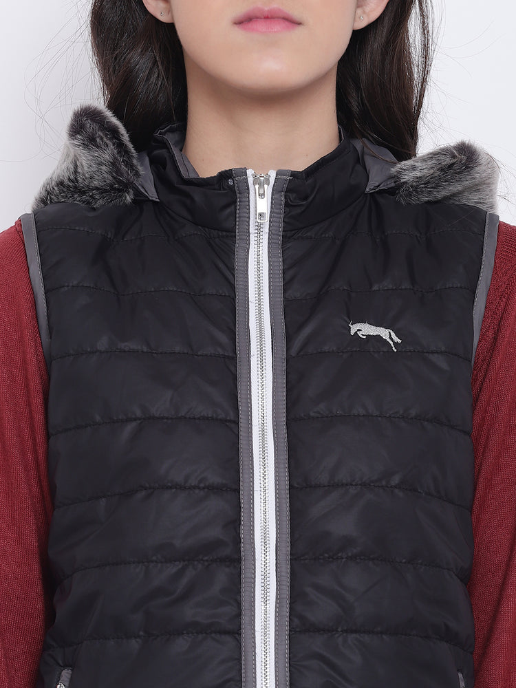 Women Black Casual Quilted Jacket - JUMP USA